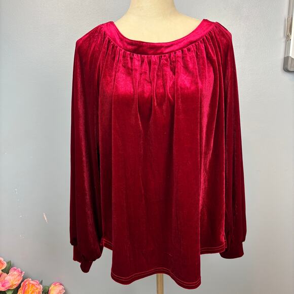 Umgee Red Velvet Blouson Long Sleeve Small Holiday Party Oversize Blouse Top - Picture 1 of 10